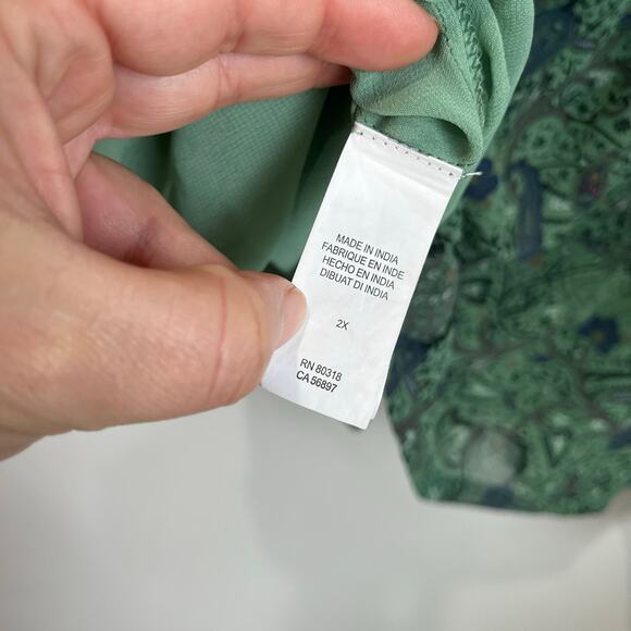 Lucky Brand Blouse 2X Green Paisley Ruffle Sleeve Boho Peasant Top Flowy - Picture 8 of 11